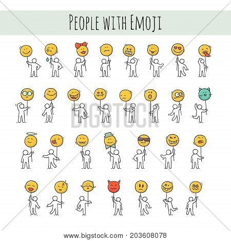 Cartoon Icons Set Of Sketch Little People With Smiles. Doodle Cute Workers With Emoji Signs. Hand Dr