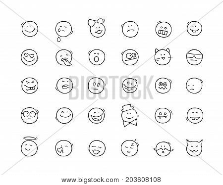 Cartoon Icons Set With Smiles. Doodle Emoji Signs Isolated On White. Hand Drawn Vector Illustration 