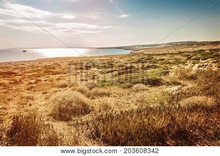 Seascape in Cyprus Ayia Napa, Cape Greco peninsula, picturesque view of Mediterranean Sea, Kavo Greco, national forest park