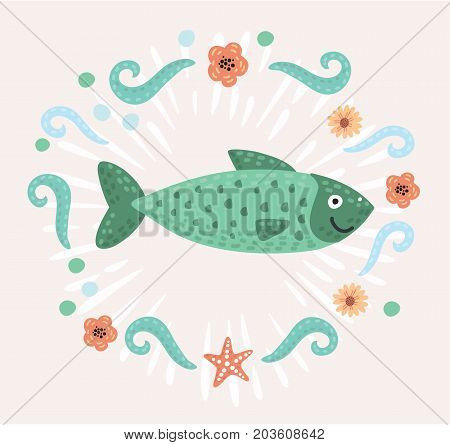Vector illustration of simple funny cartoon flat green fish decorated by marine elements.