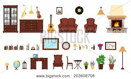 Big realistic Set of home interior setting elements for home design. Bookcase, mirror, flowers, picture, tables, guitar, desk, lamp, cache pot, globe, laptop, locker, clocks, fireplace. For decoration