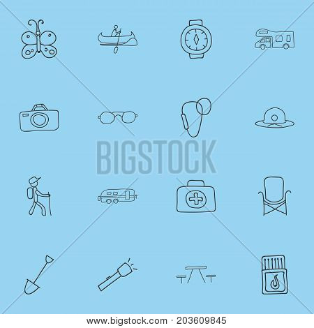 Set Of 16 Editable Trip Doodles. Includes Symbols Such As Carabine, Eyeglasses, Beauty Insect And More
