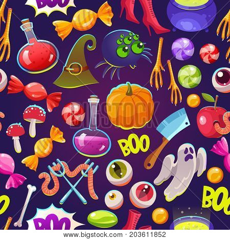 Seamless halloween pattern. Funny background with scary objects. Vector illustration with eyes, potion, spider, bones, bringing, pumpkin, witches boots and hat in cartoon style.