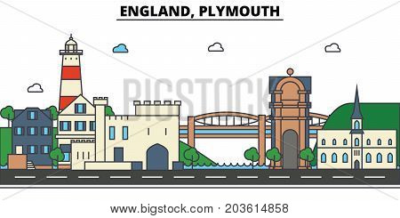 England, Plymouth. City skyline: architecture, buildings, streets, silhouette, landscape, panorama, landmarks. Editable strokes. Flat design line vector illustration concept. Isolated icons