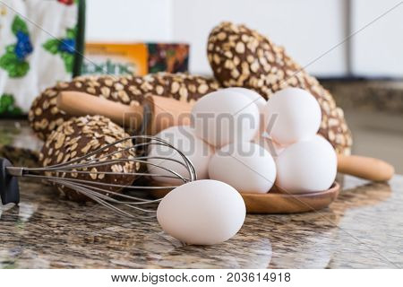 Close Up Of Eggs Bread And Ingredients.
