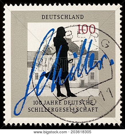 Moscow Russia - September 11 2017: A stamp printed in Germany shows silhouette of German poet Friedrich Schiller (1759-1805) dedicated to the Centenary of German Schiller Society circa 1995