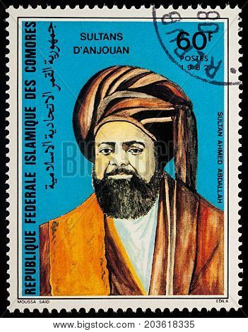 Moscow Russia - September 09 2017: A stamp printed in Comoros shows portrait of Sultan Ahmed Abdallah (1919-1989) President of the Comoros series 