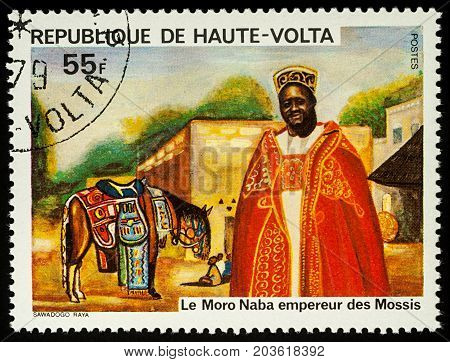 Moscow Russia - August 10 2017: A stamp printed in Upper Volta (Burkina Faso) shows Moro Naba emperor of the Mossis series 