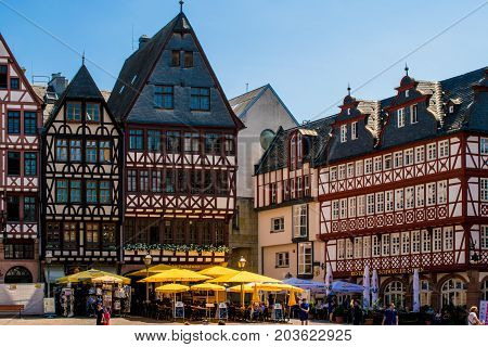 Frankfurt, Germany - July 27, 2017: old town square romerberg. traditional buildings in Frankfurt at main in Germany