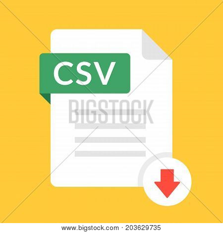 Download CSV icon. File with CSV label and down arrow sign. Comma-separated values. Downloading document concept. Flat design vector icon