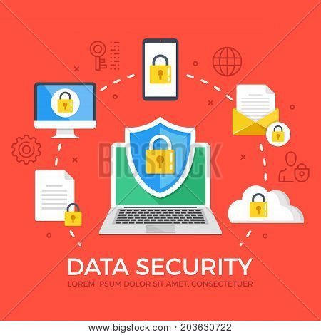 Data security flat illustration concept. Laptop with shield and lock. Creative flat icons set, thin line icons set graphic elements for web banners, web sites, infographics. Modern vector illustration