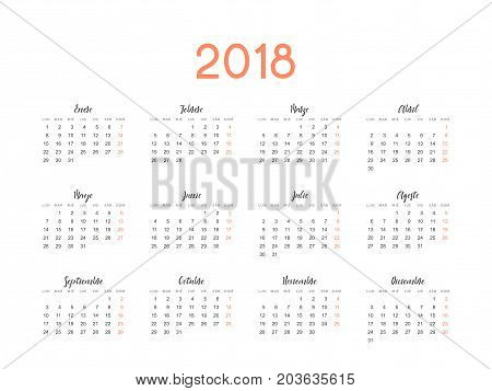 Simple template for printing modern calendar 2018 in Spanish. Week starts from Monday.