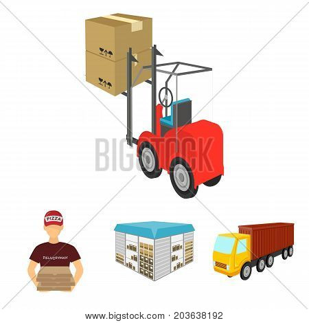 Truck, courier for delivery of pizza, forklift, storage room. Logistics and delivery set collection icons in cartoon style isometric vector symbol stock illustration .
