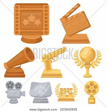 A set of awards for the movie viewings. Gold, silver and bronze awards to the Director, the actor. Moovie awards icon in set collection on cartoon style vector symbol stock web illustration.