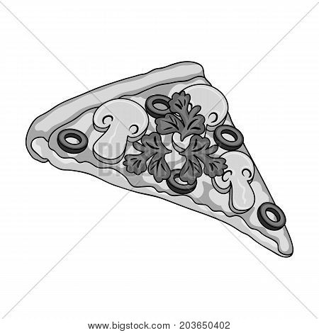 A slice of pizza with different ingredients. Different pizza single icon in monochrome style vector symbol stock illustration .