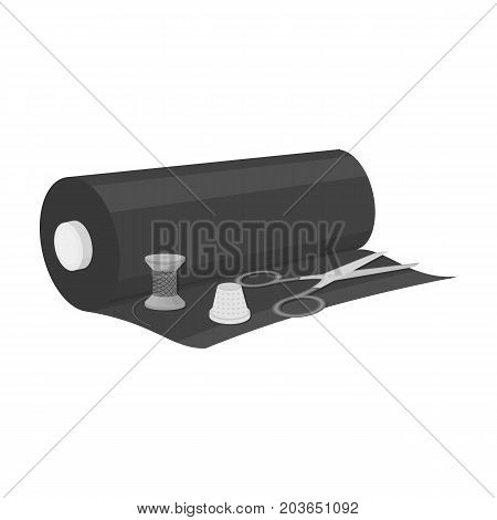 A roll of sewing fabric, scissors, a thimble and a thread coil. Sewing and equipment single icon in monochrome style vector symbol stock illustration .