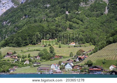 QUINTEN, SWITZERLAND - NOV 10, 2015: Quinten facing Lake Walen on Nov 10, 2015 in Quinten, Switzerland. Lake Walen is a beautiful lake near Zurich.
