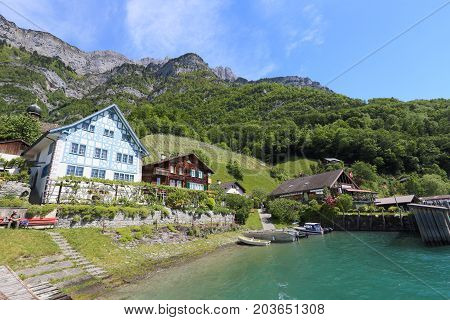 QUINTEN, SWITZERLAND - NOV 10, 2015: Quinten facing Lake Walen on Nov 10, 2015 in Quinten, Switzerland. Lake Walen is a beautiful lake near Zurich.