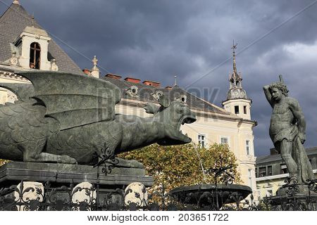 medieval Lindworm Fountain, symbol of the city Klagenfurt in Austria.