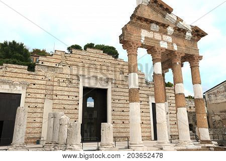 Ancient Roman temple of Capitolium in Brescia, UNESCO world heritage, Italy