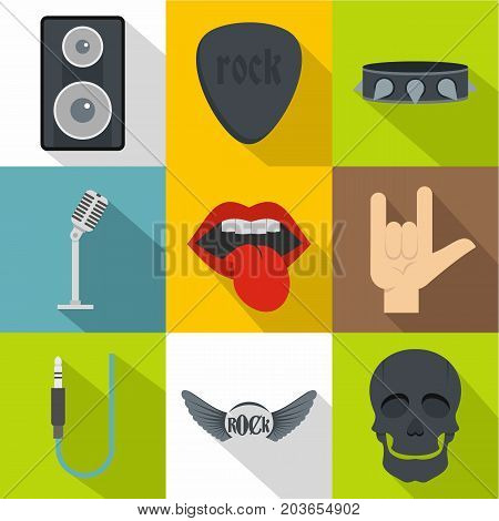 Rock equipment icon set. Flat style set of 9 rock equipment vector icons for web design