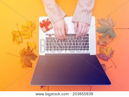 Female Hands Typing At Laptop Computer Near Gift Box