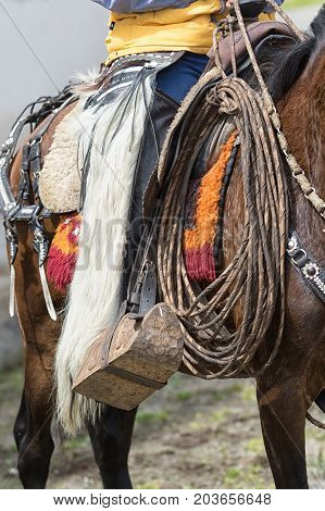June 10 2017 Toacazo Ecuador: traditional chaps made of llama or sheep fur worn by the local cowboys at rodeos