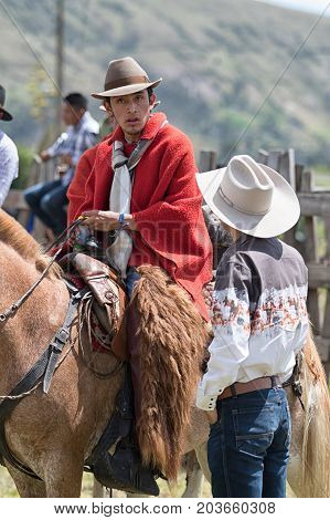 June 10 2017 Toacazo Ecuador: cowboys having a talk before the start of the rodeo