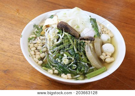Vietnamse Noodle Soup, Served With Fresh Herbs At The Buddhist Eatery, Radish, Morning Glory, Shiita