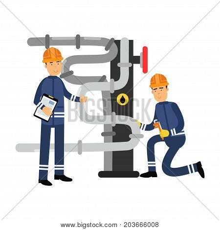 Oilmen characters working on an oil pipeline, oil industry production vector Illustration on a white background