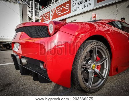 March 2017: Ferrari 458 supercar parked at Circuit de Catalunya in Barcelona Spain