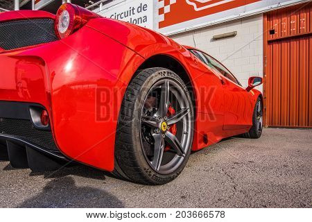 March 2017: Ferrari 458 supercar parked at Circuit de Catalunya in Barcelona Spain