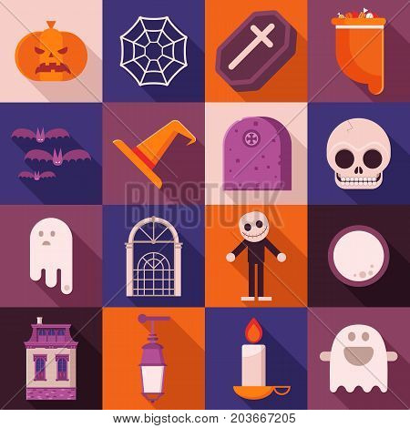 Halloween vector icon set in flat design. Including sweets bag, pumpkin head, skull, haunted house, ghost, bats, spider web and other traditional symbols. Square halloween icons with long shadow.