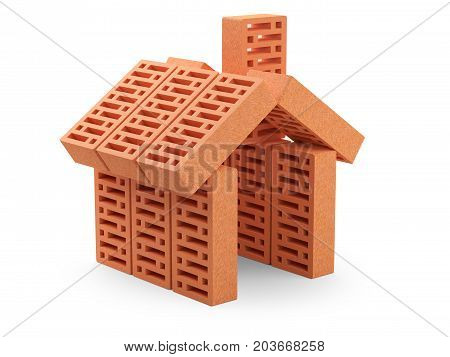 The bricks are arranged in the shape of the house. Building koncept. 3d illustration on white background.