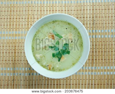 Allgauer Kasesuppe - Bavarian winter soup , close up homemade meal
