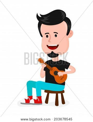 Young happy smiling man hipster singing and play on ukulele. Vector modern style flat cartoon character illustration design icon. Ukulele guitar concept