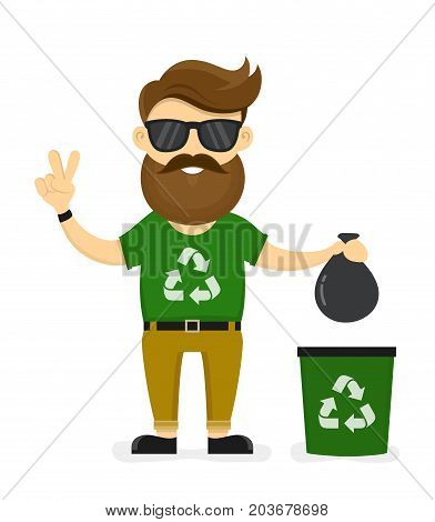 Young smiling happy beard hipster eco friendly man. Ecology man sorting a trash. Vector modern flat style cartoon character illustration. Isolated on white background