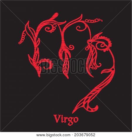 Embroidery with zodiac sign. In red on black background.  Stock line vector illustration.