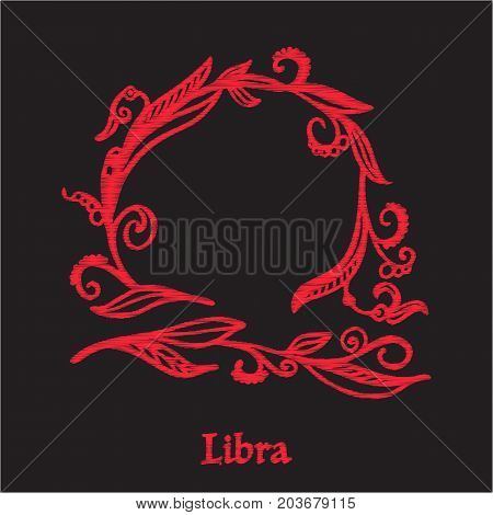 Embroidery with zodiac sign. In red on black background.  Stock line vector illustration.