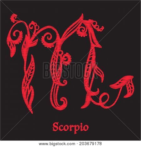 Embroidery with zodiac sign. In red on black background.  Stock line vector illustration.