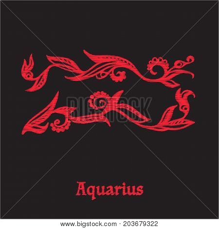 Embroidery with zodiac sign. In red on black background.  Stock line vector illustration.