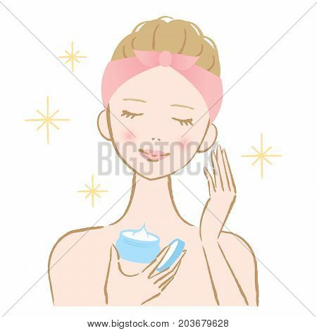 woman and cosmetic cream. woman holding a bottle of face cream and applying it on her face