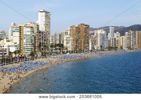 BENIDORM SPAIN - SEPTEMBER 22 2016: Beautiful Levante beach located in Benidorm Spain