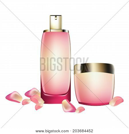 Perfume Cosmetics package Vector realistic mock up. Eau de toillete golden bottle Perfect for advertising, flyer, banner, poster. 3d illustrations