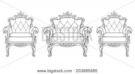 Armchair and dressing table with luxurious ornaments. Vector French Luxury rich intricate structure. Victorian Royal Style decor