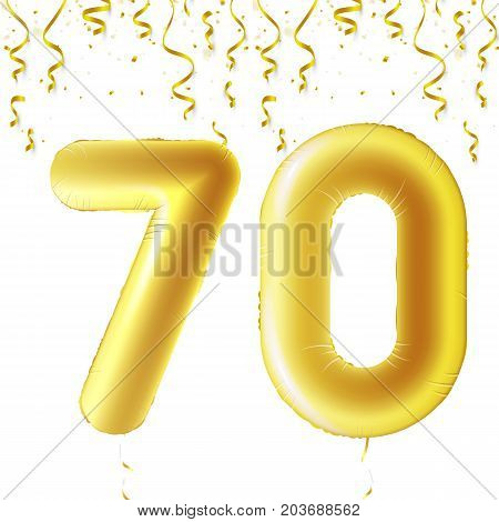 Inflatable golden balls with falling confetti and hanging ribbons. Seventy years, symbol 70. Vector illustration, logo or poster for seventieth birthday celebrating