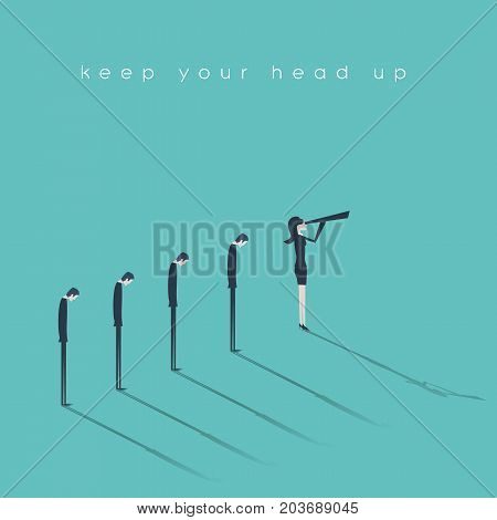 Business woman leader concept vector with businesswoman holding telescope and leading team of men. Eps10 vector illustration.
