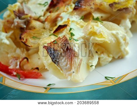 kalalaatikko - Baltic Herring Casserole.Finnish cuisine , close up