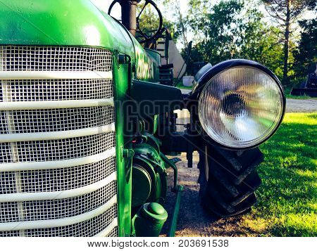 close up photo of old tractor. .