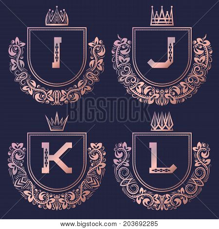 Rose gold coat of arms set in baroque style. Vintage logos with I, J, K, L monogram.